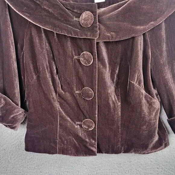 Mandarin Blue Jacket Womens 6 Chocolate Brown Velvet Crop Jackie Kennedy Retro - Picture 5 of 10